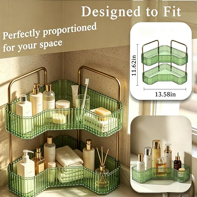 2-Tier Corner Bathroom Organizer, Skincare Vanity Counter Shelf Green | Premium PET Perfume Display Stand with Gold Metal Rods, Space-Saving 90 Degree Storage Rack for Dresser