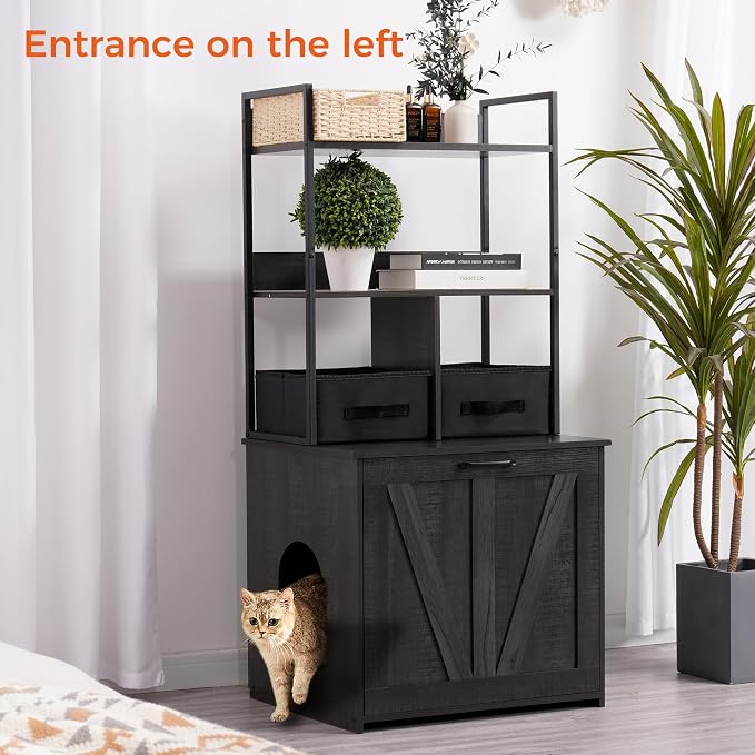 Dwanton Cat Litter Box Enclosure, 2 Storage Shelves and 2 Drawers, 50" H | 2-in-1 Hidden Cat Litter Box Enclosure Furniture with Shelf, Metal Frame, Reversible Entrance, Washable Drawers, Dark Grey
