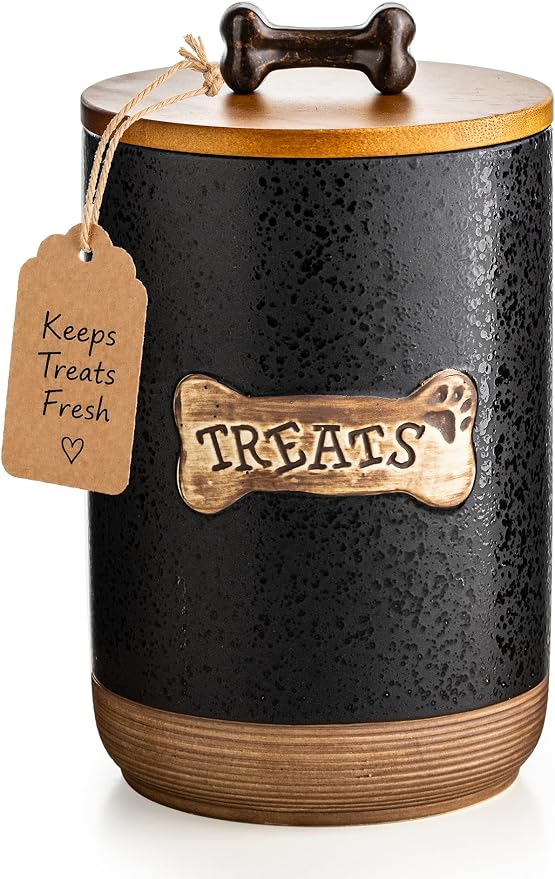 Miamolo Dog Treat Container Jar with Airtight Lid, Keep the Pet Treat Fresh | Ceramic, Cast-iron Handle | Dog Food Storage Canister for Cookie Snack, Kitchen Counter, Dog Lovers Gift, Bone Glinting Black