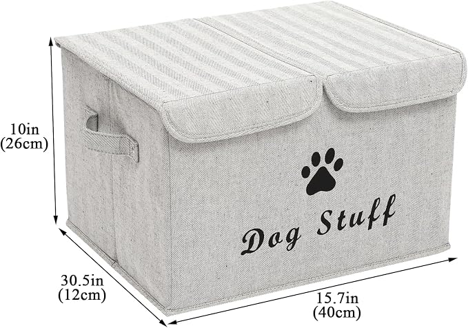 Large Storage Boxes - Large Linen Fabric Foldable Storage Cubes Bin Box Containers with Lid and Handles for Dog Apparel & Accessories, Dog Toys, (Striped Gray)