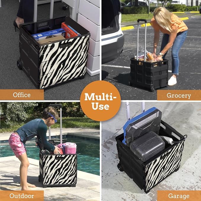 Ultra-Slim Rolling Collapsible Storage Pack-N-Roll Utility-carts, with Telescopic Handle, for Home, Garden, Shopping, Office, School use, Large, Zebra
