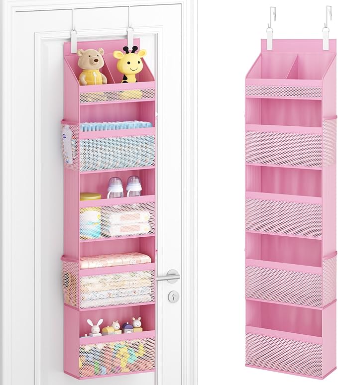 Lifewit 5 Tier Over the Door Organizer, Diaper Hanging Storage, Pink | Nursery Sturdy Large Heavy Duty Back of Door Shelf with 4 Mesh Side Pockets, for Baby Stuff Toy in Pantry, Laundry, Bathroom