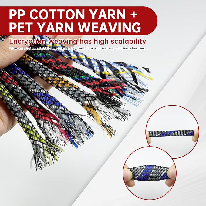 New Braid Sleeve,PP Cotton PET Braided Sleeve Tube Soft Wire Wrap Insulated Cable Protection Line Harness Sheath Daily Household Wire Management (Blue White Grey, 8mm (5/16")-49ft)