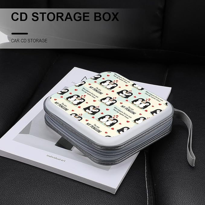 40-Disc CD/DVD Organizer Wallet You Are My Penguin, Heavy-Duty Hard Plastic Binder, Portable Storage Case with Carry Strap for Car