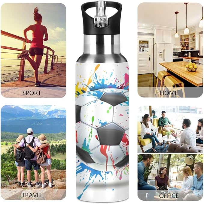 Soccer Ball Colorful Water Bottle with Straw Lid Kids Insulated Stainless Steel Water Flask Sports, 20 Oz Hot Cold
