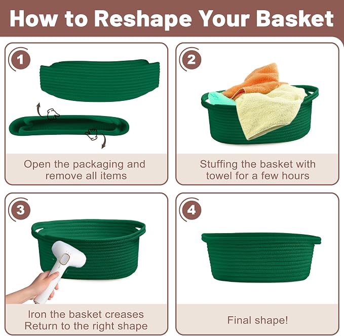 Bufims Small Woven Green Gifts Basket for Storage Empty with Ribbons and Bags Durable Cute Gifts 12"X 8" X 5" Small Rope Basket for Gifting