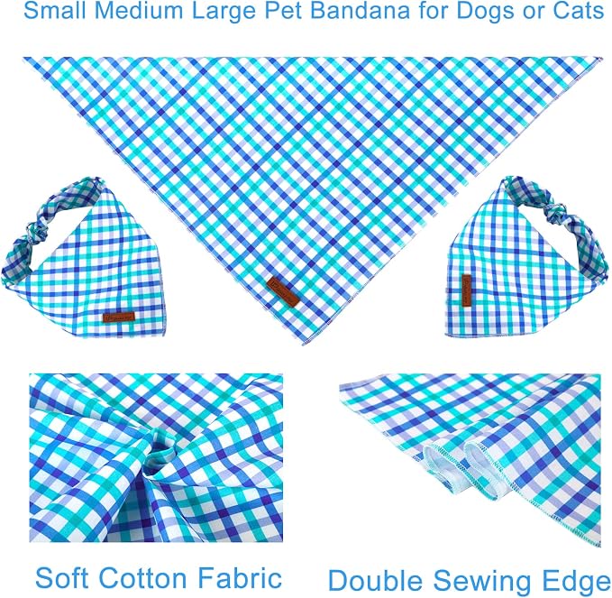 Summer Dog Bandana, Comfortable Cotton Grid Triangle Bid Scarf for Medium Large Dog, Washable Pet Kerchief for Boy Girl Dogs,Blue and White Cute Bandana Dogs,Cute Classic Puppy Bid Scarf