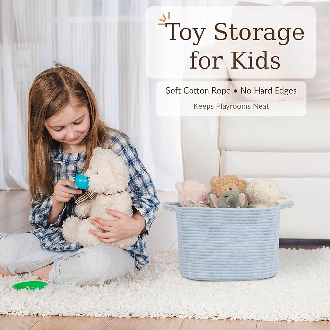 XUANGUO Woven Cotton Rope Storage Basket with Handles 13x10x9 inch Blue | Woven cotton rope basket for shelves and closets. Perfect for toys, books, clothes, nursery storage and gift baskets.