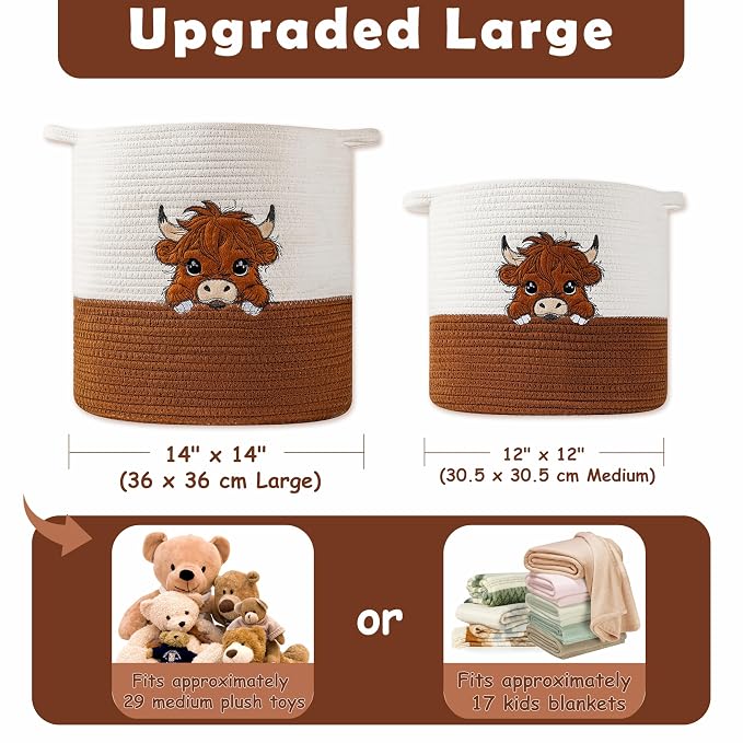 Large Blanket Baskets for Living Room, Highland Cow Storage Baskets for Toys Organizer Woven Cotton Rope Basket for Kids, Clothes Hamper with Embroidery Highland Cow Decor for Nursery Laundry