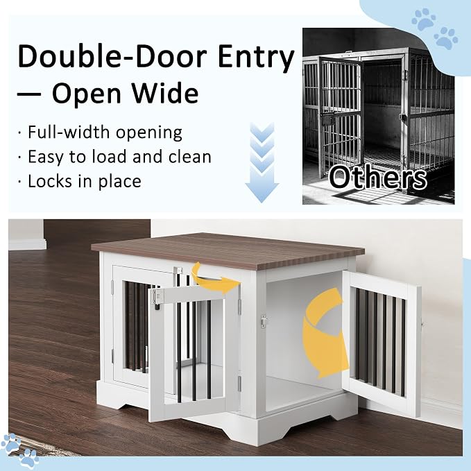 30" Wooden Dog Crate Furniture,Small Kennel Pet Cage End Table for Indoor | for Medium S XS Dogs, White and Wood, Fits Living Room Bedroom, Heavy Duty Steel Frame with Lock 25 lbs Cap, 100 lbs Top.