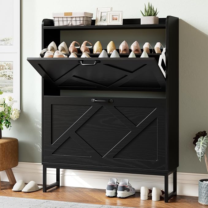 Shoe Storage Cabinet with 2 Flip Drawers, Freestanding Shoe Organizer, Shoe Cabinet with Metal Legs, Narrow Shoe Rack Cabinet, Farmhouse Slim Shoe Cabinet for Entryway, Foyer, Hallway, Black