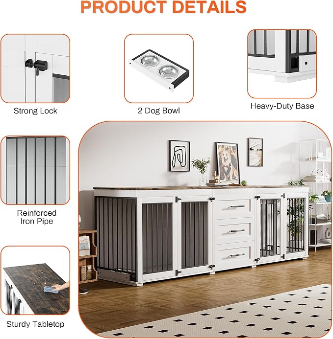 Rophefx 94.5" Dog Crate Furniture for 2 Dogs, Wooden Kennel,White Brown | Indoor double dog house with 3 storage drawers, 4 feeding bowls, lockable doors, and a wide top for large and medium dogs
