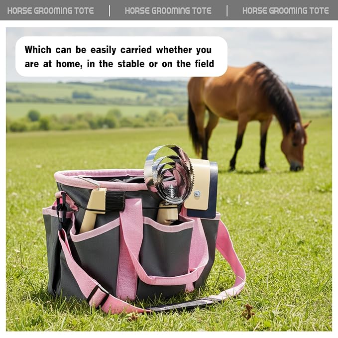 Abbylike Grooming Tote,Stylish,10.63 x 10.63 x 9.45 Inch,Grey and Pink | Tote Bag for Horses and Dogs, Organize Tack Tools Equestrian Grooming Kit, Care Portable with Multiple Pockets for Supplies