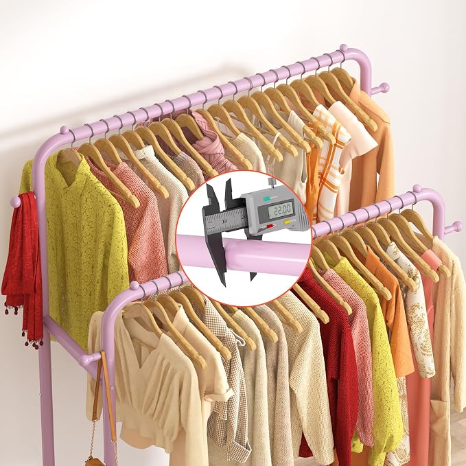 Laiensia Double Rods Garment Rack with Wheels, Clothing Rack for Hanging Clothes,4 Hooks, Multi-Functional Bedroom Clothes Rack, Pink