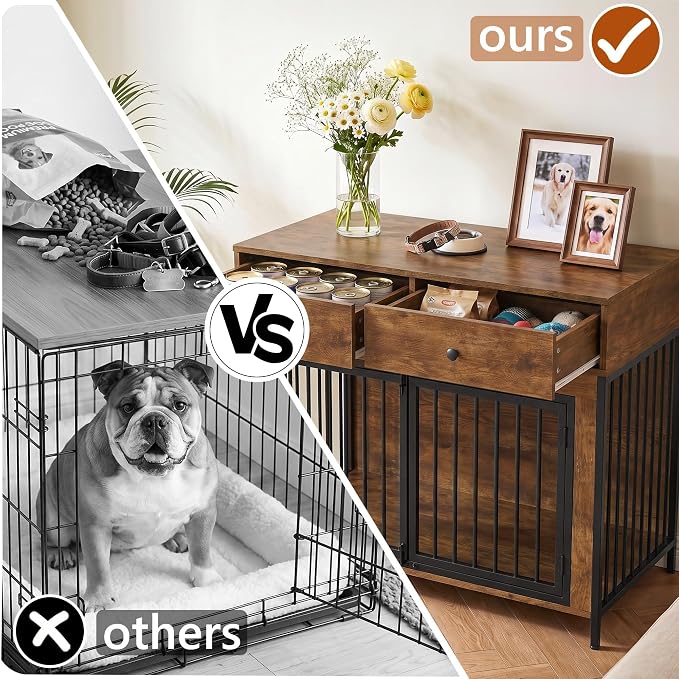 LEMBERI 44 Inch Large Wooden Dog Crate Furniture with 2 Storage Drawers, Decorative End Table Style Indoor Pet House for Dogs, Brown