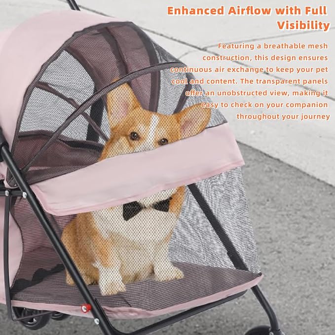 Pet Stroller for Small Medium Dogs Up to 40lbs, 4 Wheels Folding Pet Carriage Cart for Dogs Cats, Portable Cat Puppy Jogging Stroller with Rear Pocket and Cup Holder (Upgraded, Light Pink)