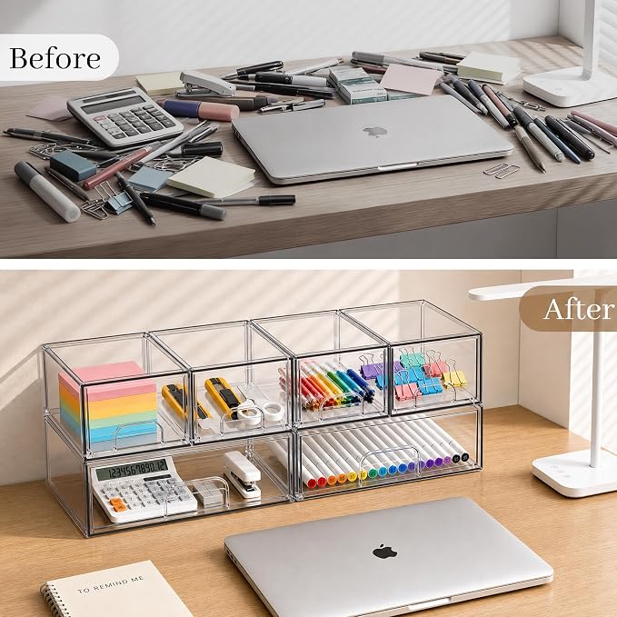 Clear Stackable Storage Drawers, Acrylic Bathroom Makeup Organizer, Plastic Bins for Art Tool & Sketch, Sturdy and Durable Containers for Countertop, Cabinet, Vanity, Pantry Organization