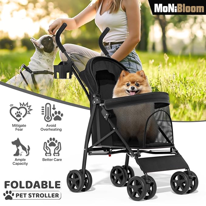 MoNiBloom Pet Stroller for Small/Medium Dogs and Cats up to 22 lbs, Black | Foladble 4 Wheels Easy-Fold Puppy Cage Jogger Stroller with Sun Cover, Pad and Rear Storage Bag, Breathable and Visible Mesh