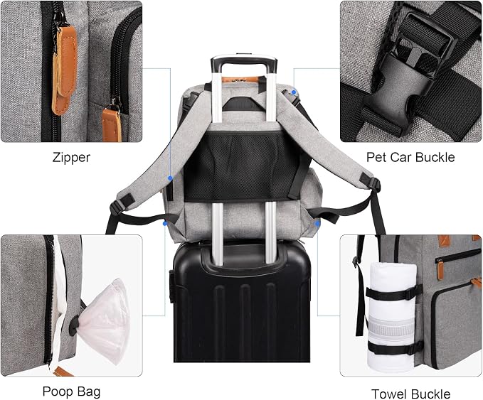 Modoker Dog Travel Backpack Set with 2 Food Bags, 2 Bowls and 1 Mat, Grey | Water-Resistant Oxford Fabric | Roomy Main Compartment | Multiple Functional Pockets | Stroller Strap | Leak-Resistant Lining