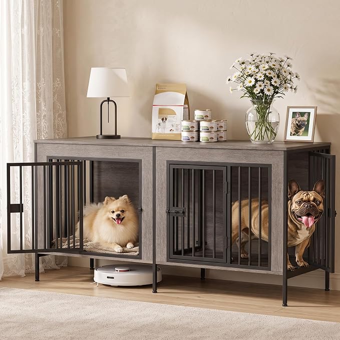 EasyCom 55" Wooden Double Dog Crate Furniture, Removable Divider, Oak Grey | Raised Legs, For 1–2 Small to Medium Dogs, Multiuse TV, Plant & Display Stand