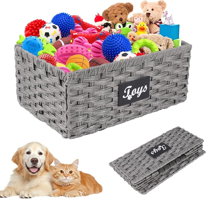 Dog Toy Basket Metal Frame Woven Rattan Foldable Bin, Dog Toy Storage Organizer for Living Room,Entryway,Toy Storage Organizer with Collapsible Rectangular Design,Pet Toy Basket for Dogs,Cats-Grey