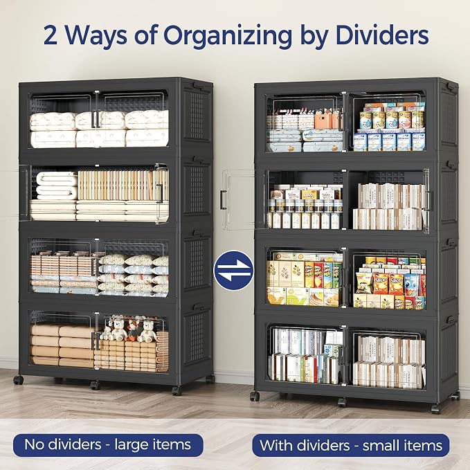 250Gal Stackable Storage Bins with Lid 5-Tier Collapsible Cabinet Closet Organizer Box with Wheels, 1000QT Large Plastic Drawer Container with Doors for Clothes Kitchen Organizing, Black
