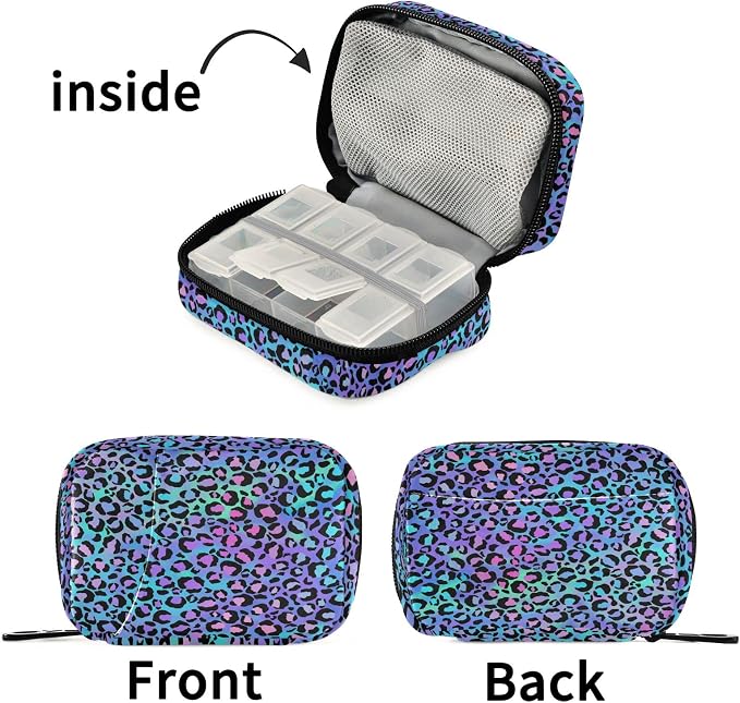 Colorful Cute Leopard Print Pill Case, Portable Weekly Pill Box Bag Container 7 Days Pill Organizer Vitamin Supplement Holder with Zipper for Travel Family Business