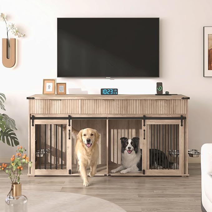 71'' Double Dog Crate Furniture, XXL Wooden Kennel with 360° Rotating Feeders, Removable Divider, Charging Station, TV Stand, Gray Oak