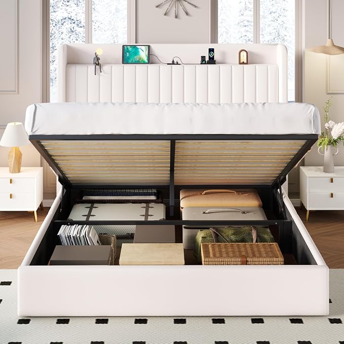 SHA CERLIN Queen Size Lift Up Storage Bed Frame, Charging Station, White | Storage Headboard with Charging Station, USB, Type-C Port Velvet Hydraulic Storage Bed No Box Spring Needed Noise Free
