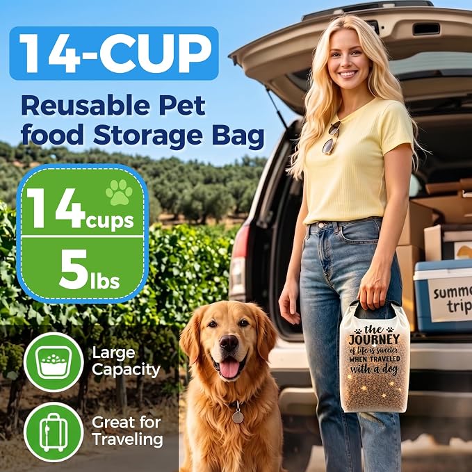 Airtight Dog Food Storage Bag,14 Cups(5lbs) Portable Pet Food Travel Bag With Roll-Top Closure For Travel, Keeps Kibble Fresh For Hiking Camping Rv Road Trip
