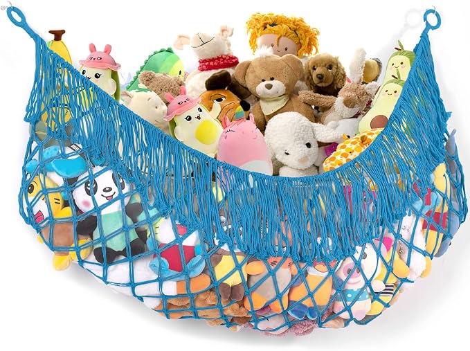 Stuffed Animal Hammock - Extra Large 63'' Long (Peacock blue) | Premium Cotton Hand-knitted, Beautiful Long Tassel, Storage Hanging Organizer, Can Fit Stuffed Animals 40 Piece or More