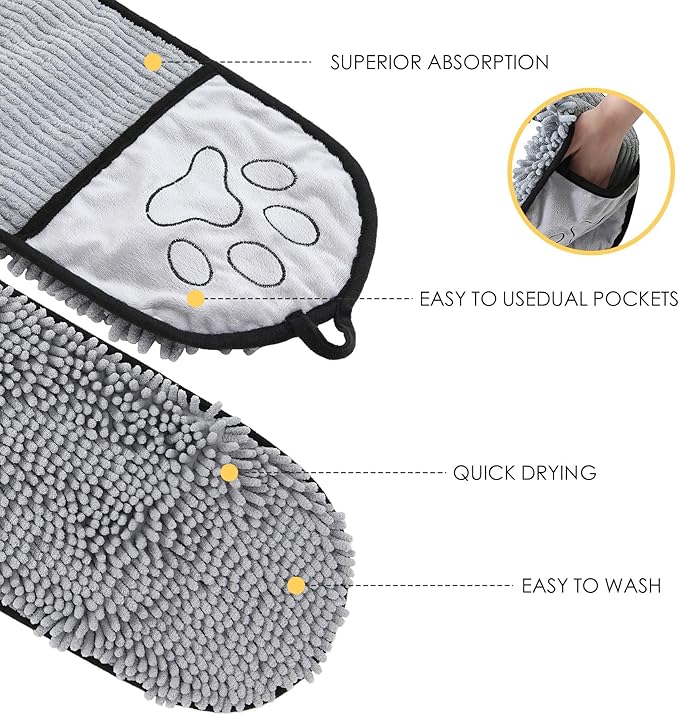 Absorbent Dog Towel, Microfiber Quick Drying Towel, Dog Bath Towel for Puppies, Super Absorbent Machine Washable Pet Towel with Hand Pocket, 9 x 23 inches (Gray)