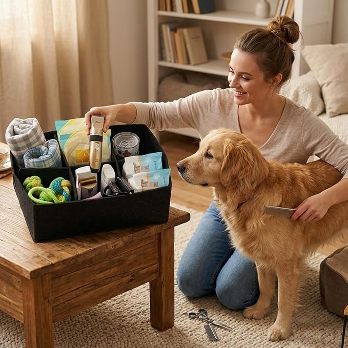 Dog Treat Container with Removable Dividers, Dog Treat Storage and Organizer for Countertop, Collapsible Pet Treats Containers, Dog Toy Basket for Pet Supplies and Treats (Dark Grey)