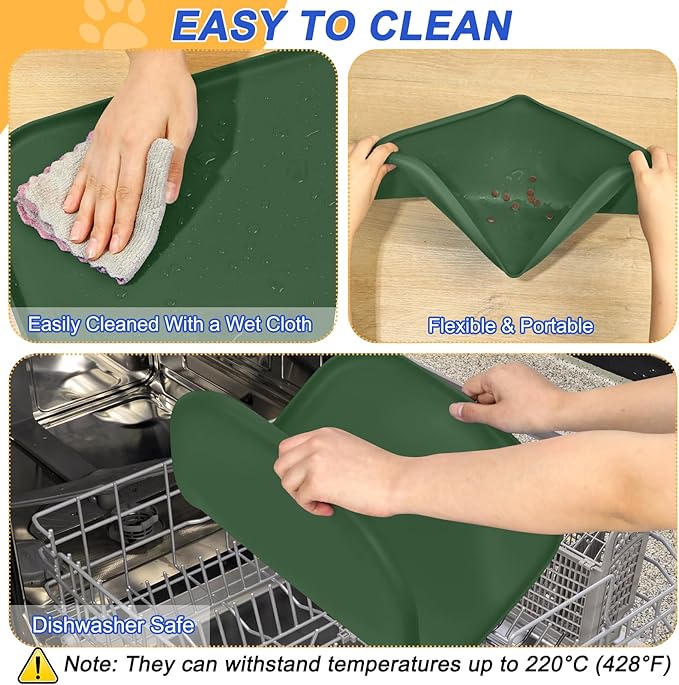 SMILOOL Silicone Pet Feeding Mat with Raised Edge for Food and Water, Dog Bowl Mats, Cat Bowls Placemat with High Lip for Floor Waterproof, Rubber Tray for Cats and Dogs 19 x 12 x0.7 Dark Olive