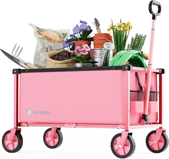 29.3" Collapsible Wagon Cart, 150L Heavy Duty Folding Utility Wagon with Wheels, 260 lbs Load, Portable Rolling Cart for Garden, Shopping, Sports, Camping, Pink