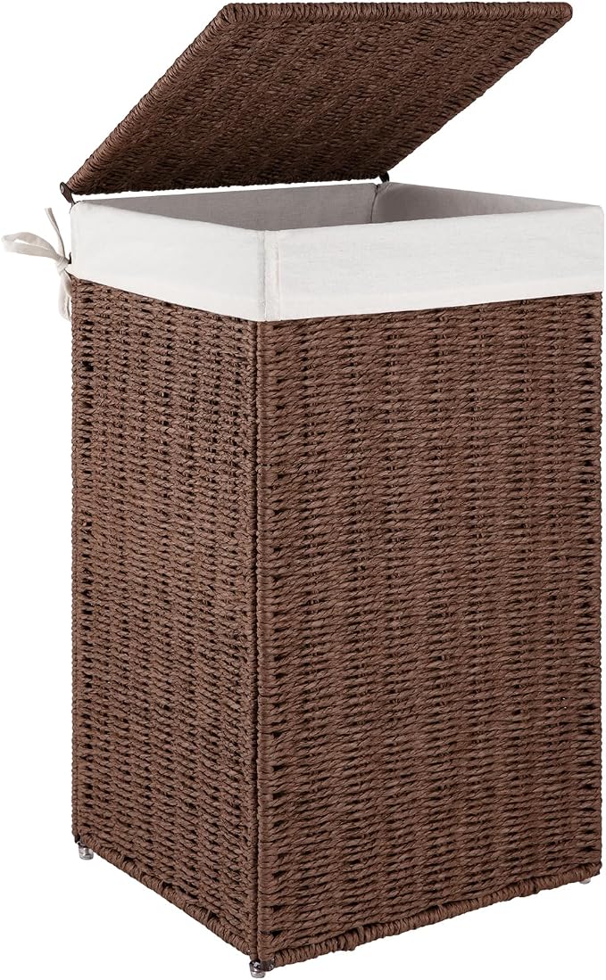 OIAHOMY Laundry Hamper with Lid, 65L(17.2 Gal) Large Wicker Laundry Basket for Bedroom, Handwoven Paper Rope Clothes Hamper with Washable Liner & Metal Frame, Decorative organizer for Bathroom Brown