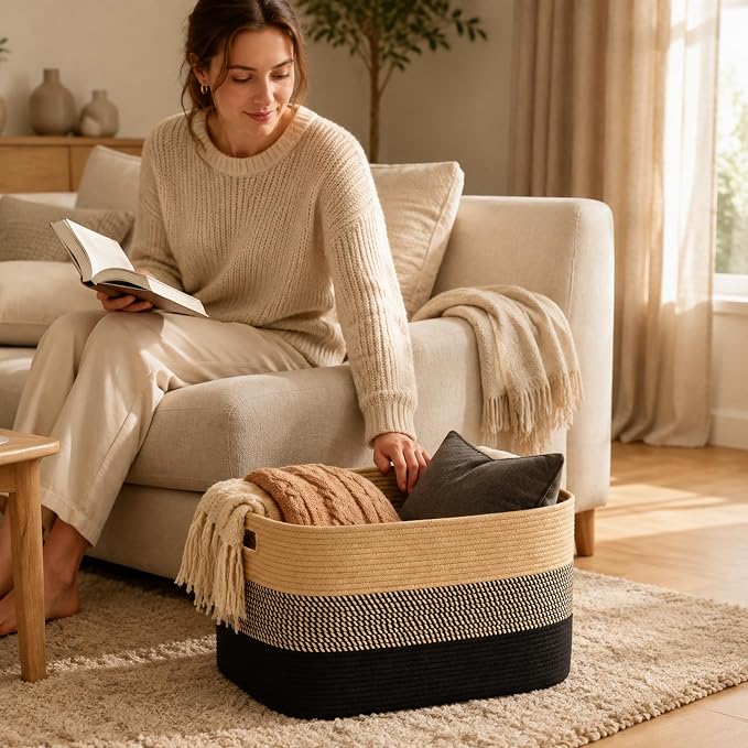 19.2GAL Sturdy Large Laundry Basket with Handles for Dirty Clothes, Portable Aesthetic Boho Cute Woven Storage Blanket Baskets for Living Room Decor and throws pillows Kids Toys Bath Towle Khaki Black