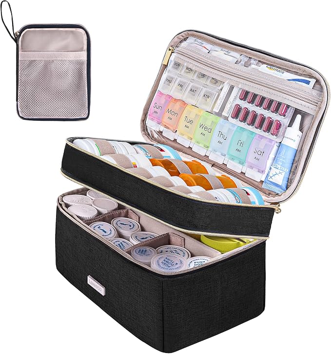 Lexeeco Travel Medicine Pill Bottle Organizer Bag with Portable Small Pouch | Medication Case with Lockable Zipper for Pill,Vitamin,Medicine Storage Box for College Dorm Student,Home,First Aid Bag Empty