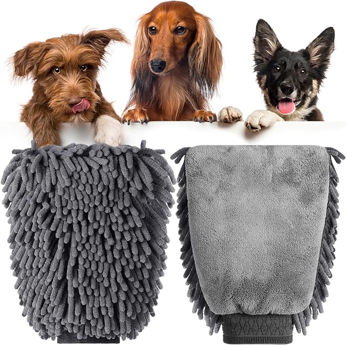 Teenyyou 2 Pcs Dog Towel Mitt Dry Bath Gloves Chenille Microfiber Paws Clean Pet Hair Washing Gloves Dog Grooming Mitts Bath Supplies for Cats Rabbits Horses Suitable for Long/Short/Poodle Fur(Grey)