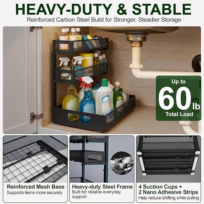 3 Tier Under Sink Organizer,2 Pack Pull Out Cabinet Shelves with Adjustable Height,Heavy Duty Carbon Steel L-Shaped Storage for Kitchen Bathroom Sink,Pantry & Laundry,Black