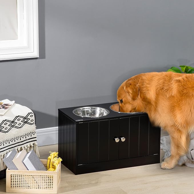 PawHut Large Elevated Dog Bowls with Storage Cabinet 44L Capacity Black | Raised Dog Bowl Stand, Pet Feeding Station