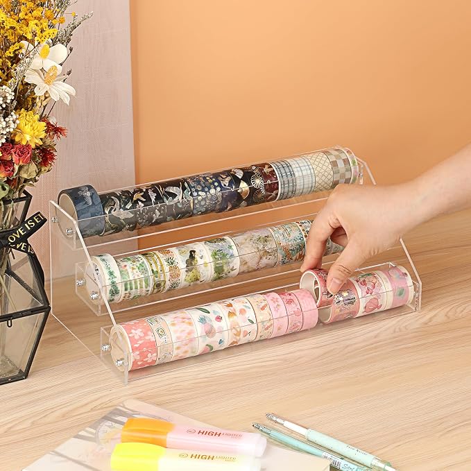 BTSKY 3 Tier Washi Tape Organizer - Clear Plastic Washi Tape Storage Rack, Assembly Washi Tape Storage Holder Washi Tape Dispenser Desk Accessories Display Caddy for Scrapbooking Art Craft Supplies