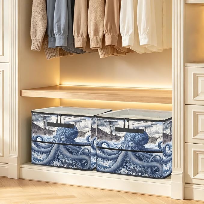 TropicalLife Octopus Nautical Kraken Ocean Shoe Organizer for Closet | Foldable Shoe Storage Box Bin 16-32 Pair Shoe Storage for Sneakers, Boots & Heels with Adjustable Dividers, Clear Cover
