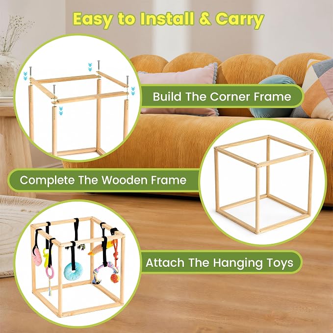 Puppy Play Gym for Small Dogs, Wooden Indoor Dog Playground with Hanging Toys, Interactive Puppy Gym & Jungle Gym for Enrichment, Agility Equipment (16.9 inch)