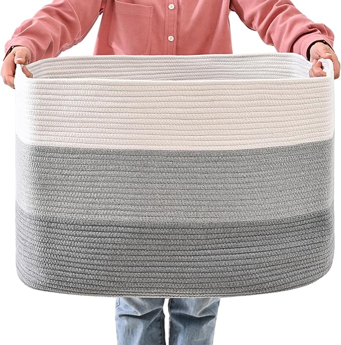 ICERZCZ Extra Large Blanket Basket Living Room, Rectangle Storage Basket, Large Woven Baskets for Storage, Cotton Rope Basket for Toys, Clothes, Gradient Grey - 25”x16”x16” (105L)
