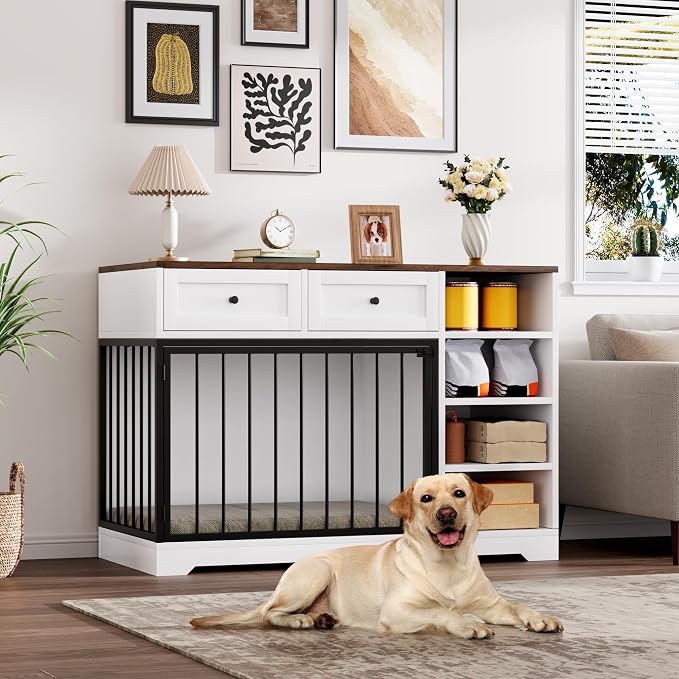 Wooden Dog Crate Furniture, Indoor Dog Kennel TV Stand with Storage, White | 2 Drawers and 4 Open Shelves, Multi-Functional Dog Kennel for Small, Medium and Large Dogs