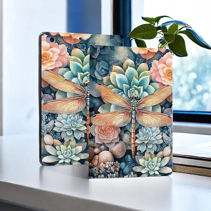 for Microsoft Surface Pro 11/10/9-13" 2024/2022 Tablet Case,Auto Wake/Sleep,Adjustable Stand Protective Cover - Watercolor Dragonfly Succulent