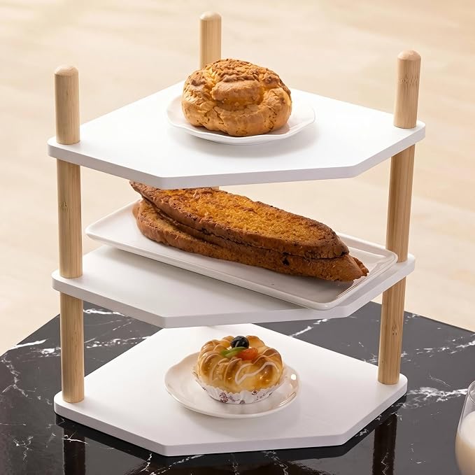 3-Tier Bamboo Corner Shelf, Kitchen Countertop Storage Organizer, Cabinet Plate Rack for Pantry Organization, Bathroom, Desktop, 9.4 x 9.4 x 11.4 Inch