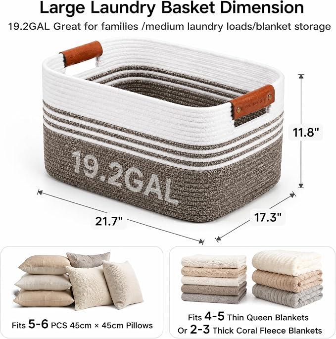 Cotton Rope Laundry Basket Large, 19.2GAL Collapsible Woven Storage Baskets for Living Room Kids Toys Stuffed Animal,Boho Rectangular Decorative Short Hamper for Dirty Clothes, Blankets Dark Brown