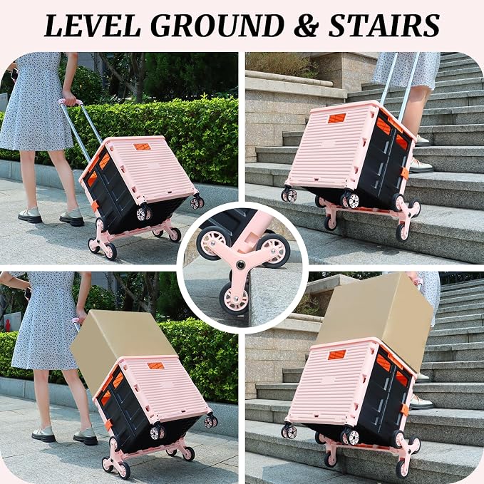 FELICON SELORSS Folding Utility Climber Cart Portable Rolling Crate-Pink | Stair Climbing Wheels+360°Swivel Wheels,Telescoping Handle,Plastic Box Dolly for Travel Shop Move Laundry Office Teacher Use
